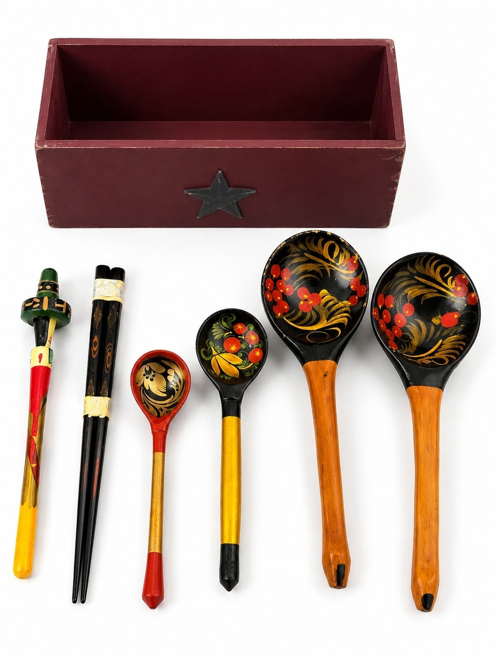 Hand-Painted Russian Khokhloma Serving Spoon Set in Black and Gold